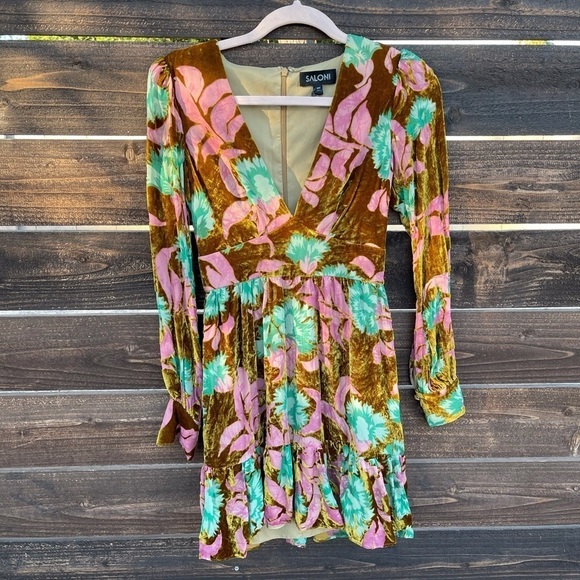 Saloni Pia Velvet Devore Dress Paradise Azalea - Picture 3 of 7